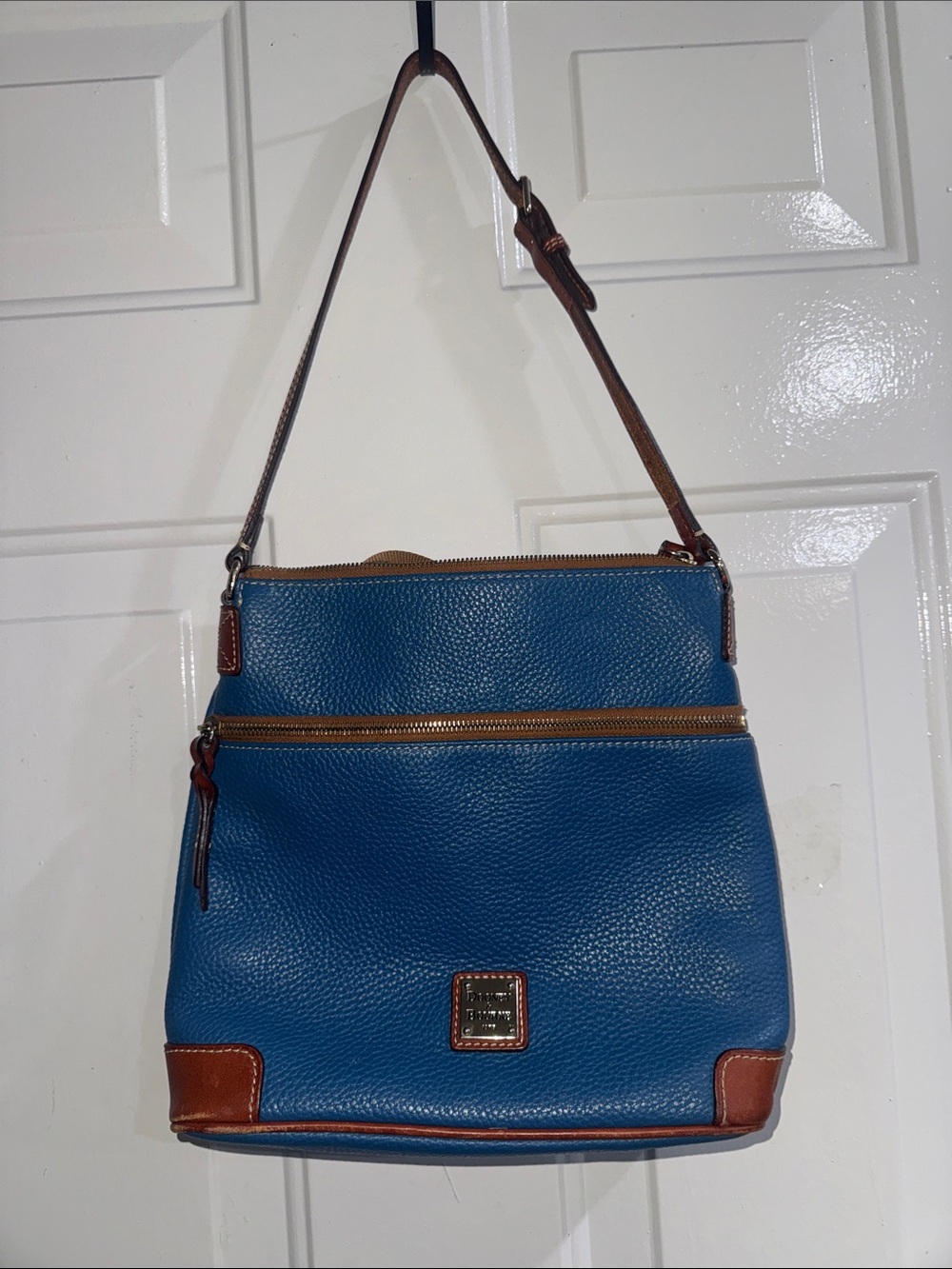 Dooney & Bourke Teal Blue Pebbled Leather Messenger Crossbody with Brown Trim